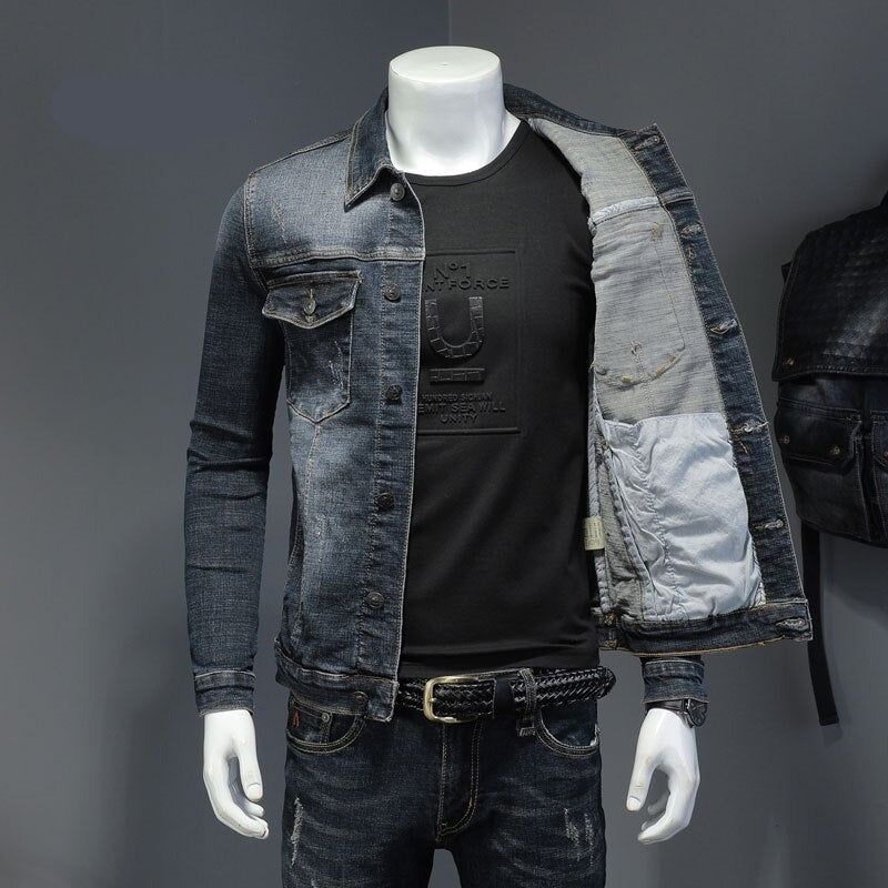 Lente Denim Jack Heren Jeansjas Katoen Elasticiteit Kraag Lange Mouw Slanke Kleding Grijs Blauw Bommenwerper - Zwart