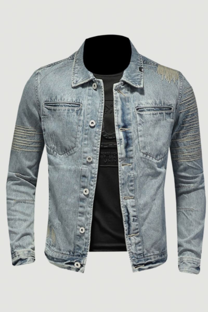 Lente Jeans Jas Heren Denim Jas Revers Lange Mouw Bomber Motorcycle Retro Borduren Slanke Streetwear Uitloper Kleding