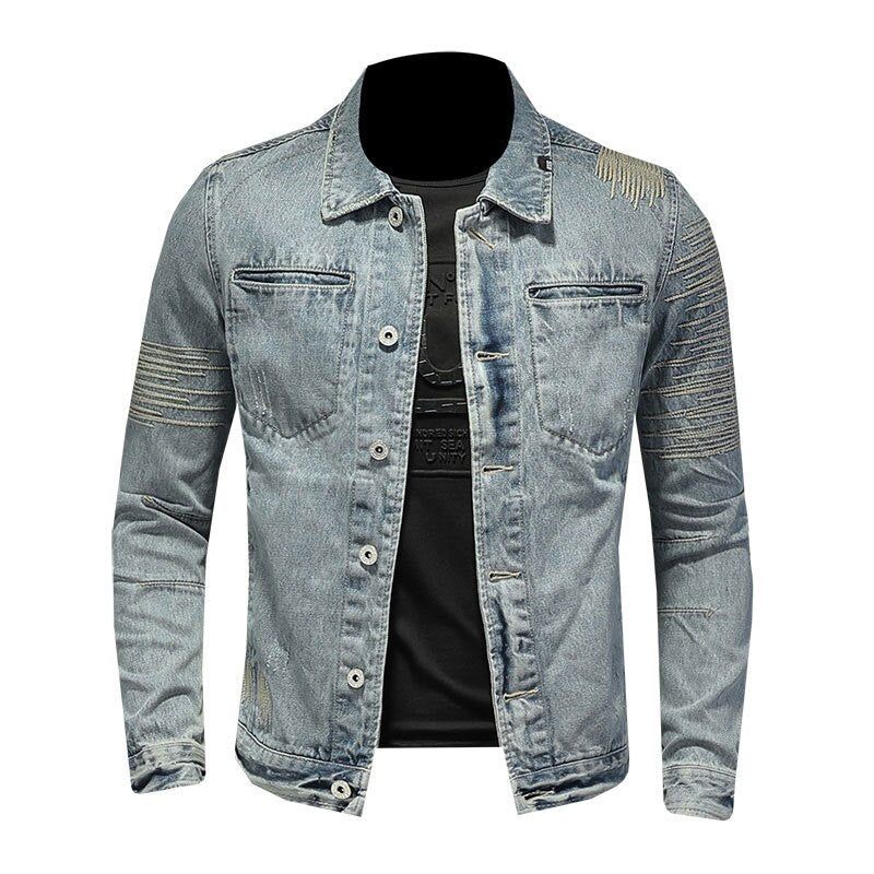 Lente Jeans Jas Heren Denim Jas Revers Lange Mouw Bomber Motorcycle Retro Borduren Slanke Streetwear Uitloper Kleding - Hemelsblauw