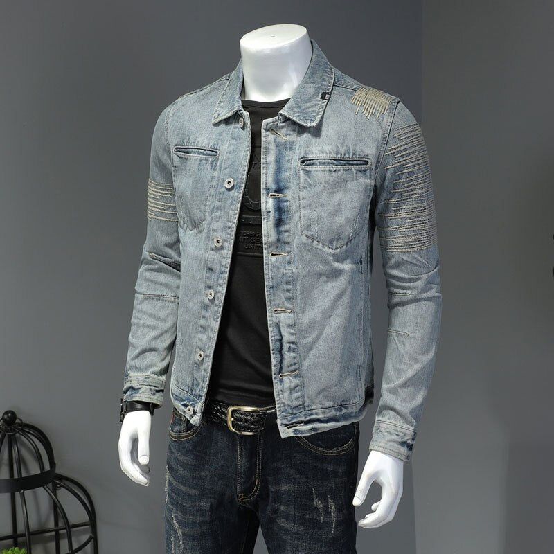 Lente Jeans Jas Heren Denim Jas Revers Lange Mouw Bomber Motorcycle Retro Borduren Slanke Streetwear Uitloper Kleding - Hemelsblauw