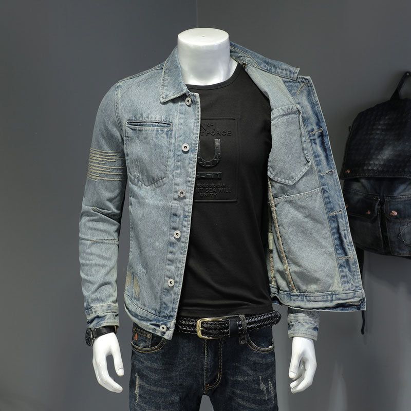 Lente Jeans Jas Heren Denim Jas Revers Lange Mouw Bomber Motorcycle Retro Borduren Slanke Streetwear Uitloper Kleding - Hemelsblauw