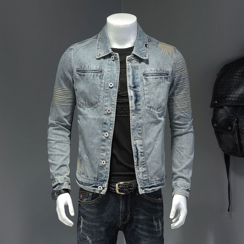 Lente Jeans Jas Heren Denim Jas Revers Lange Mouw Bomber Motorcycle Retro Borduren Slanke Streetwear Uitloper Kleding - Hemelsblauw