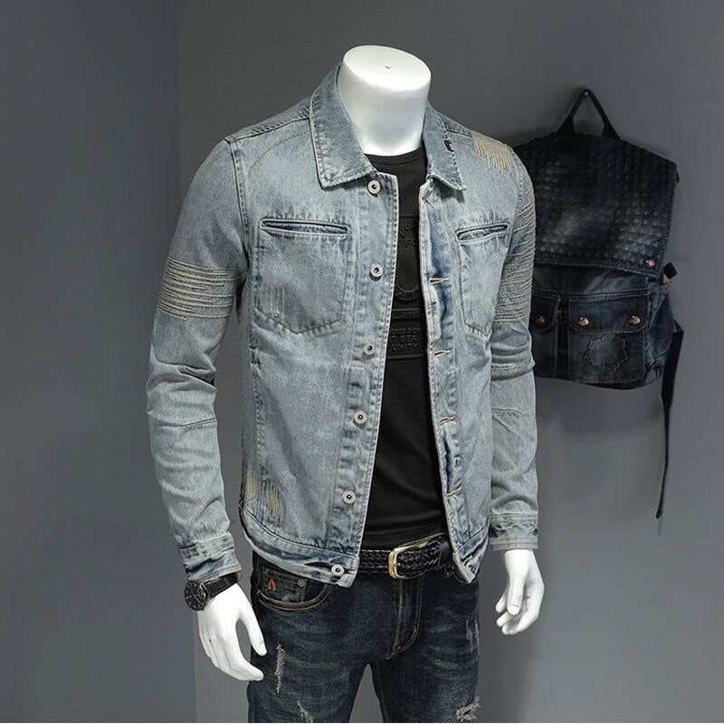 Lente Jeans Jas Heren Denim Jas Revers Lange Mouw Bomber Motorcycle Retro Borduren Slanke Streetwear Uitloper Kleding - Hemelsblauw