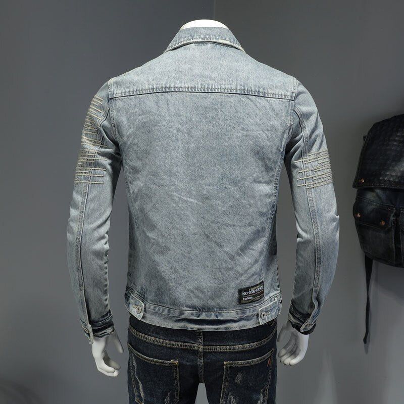 Lente Jeans Jas Heren Denim Jas Revers Lange Mouw Bomber Motorcycle Retro Borduren Slanke Streetwear Uitloper Kleding - Hemelsblauw