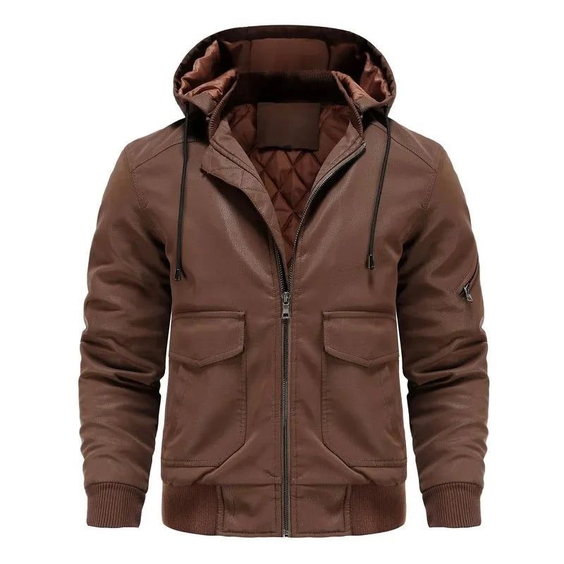 Leren Herenjas Met Capuchon Retro Motorjas Winddicht Warm Biker Uitloper Heren Casual Winter - Zwart