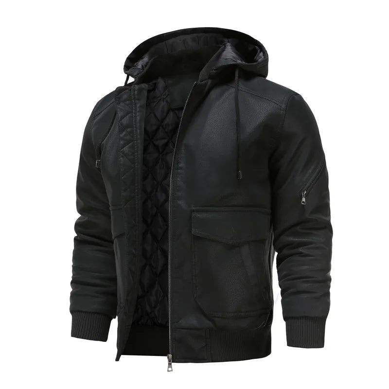 Leren Herenjas Met Capuchon Retro Motorjas Winddicht Warm Biker Uitloper Heren Casual Winter - Zwart