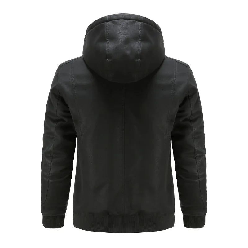 Leren Herenjas Met Capuchon Retro Motorjas Winddicht Warm Biker Uitloper Heren Casual Winter - Zwart