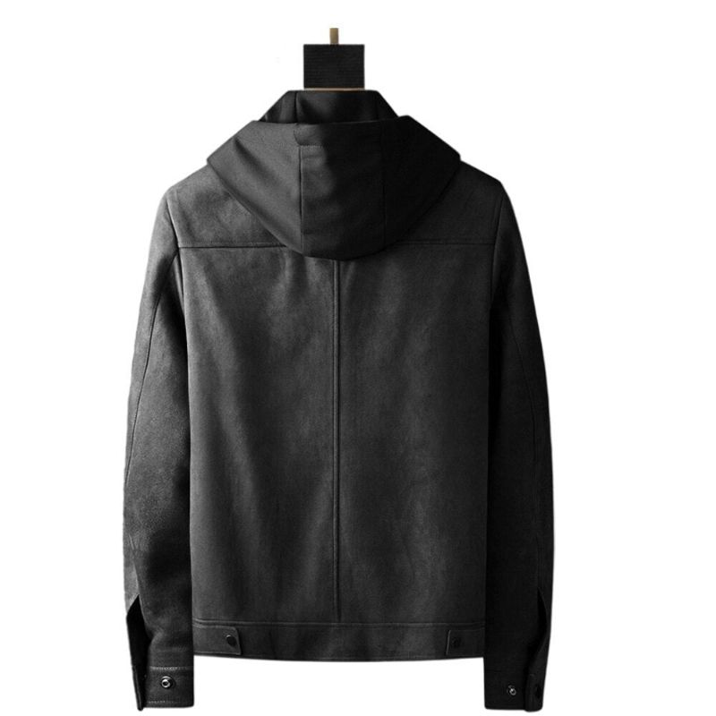 Luxe Herenjassen Met Capuchon Elastische Lente Casual Suède Wollen Jassen Herenmotorkleding Streetwear - Zwart