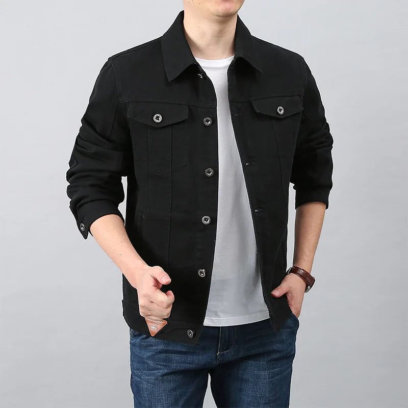 Mannen Lente Herfst Top Casual Katoenen Denim Jas Trend Revers Jas Bomber Tactische Jassen - Zwart