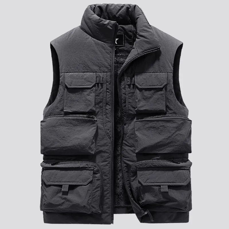 Mannen Winter Mouwloos Jasvest Dikke Warme Fleece Werkkleding Cargovest Windjack Mode Veel Zakjas Heren - Zwart