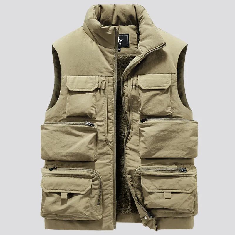 Mannen Winter Mouwloos Jasvest Dikke Warme Fleece Werkkleding Cargovest Windjack Mode Veel Zakjas Heren - Zwart