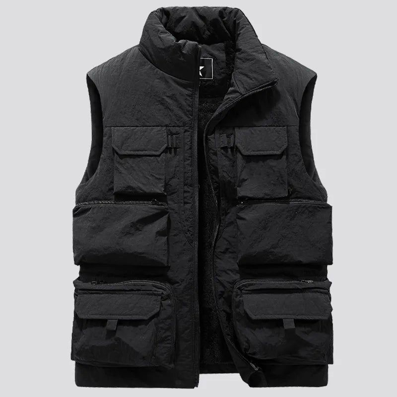 Mannen Winter Mouwloos Jasvest Dikke Warme Fleece Werkkleding Cargovest Windjack Mode Veel Zakjas Heren - Zwart