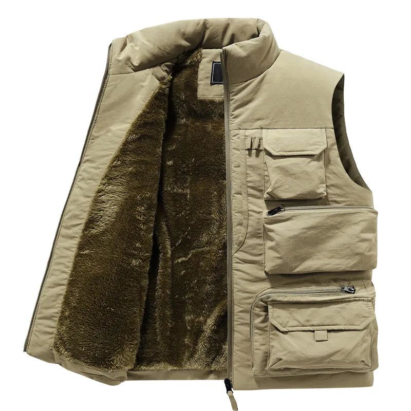 Mannen Winter Mouwloos Jasvest Dikke Warme Fleece Werkkleding Cargovest Windjack Mode Veel Zakjas Heren - Zwart