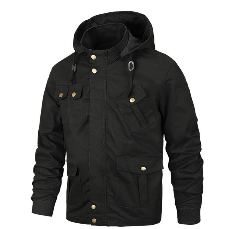 Militaire Jas Heren Katoenen Pilotenjas Met Capuchon Leger Bomberjacks Cargo Flight Jacket Male - Zwart