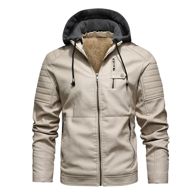 Motorjas Leren Jas Met Capuchon Heren Effen Fleece Casual Windjack Slanke Militaire Tactische Dikke Jassen Winter - Wit