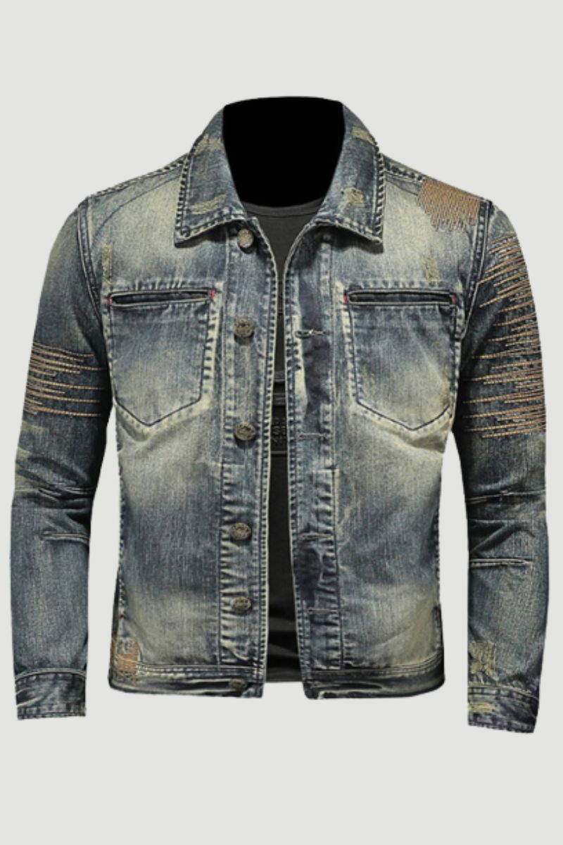 Retro Jeans Jas Heren Denim Jas Herfst Bomber Motorcycle Casual Revers Lange Mouw Borduren Slanke Kleding