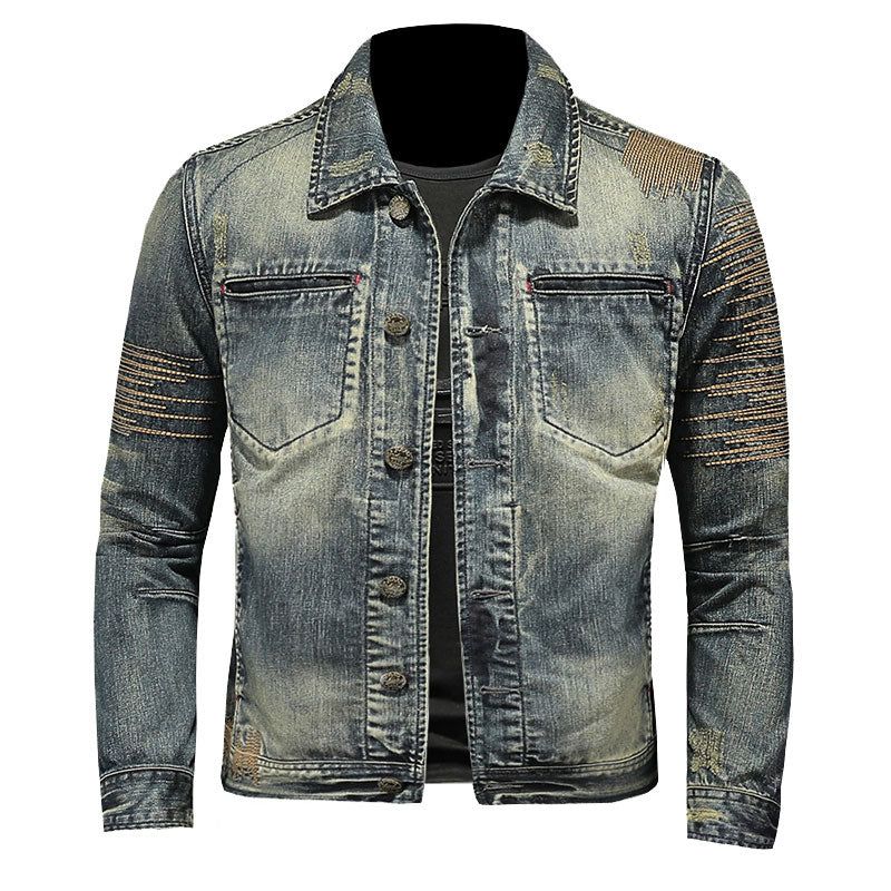 Retro Jeans Jas Heren Denim Jas Herfst Bomber Motorcycle Casual Revers Lange Mouw Borduren Slanke Kleding - Spijkerbroekblauw