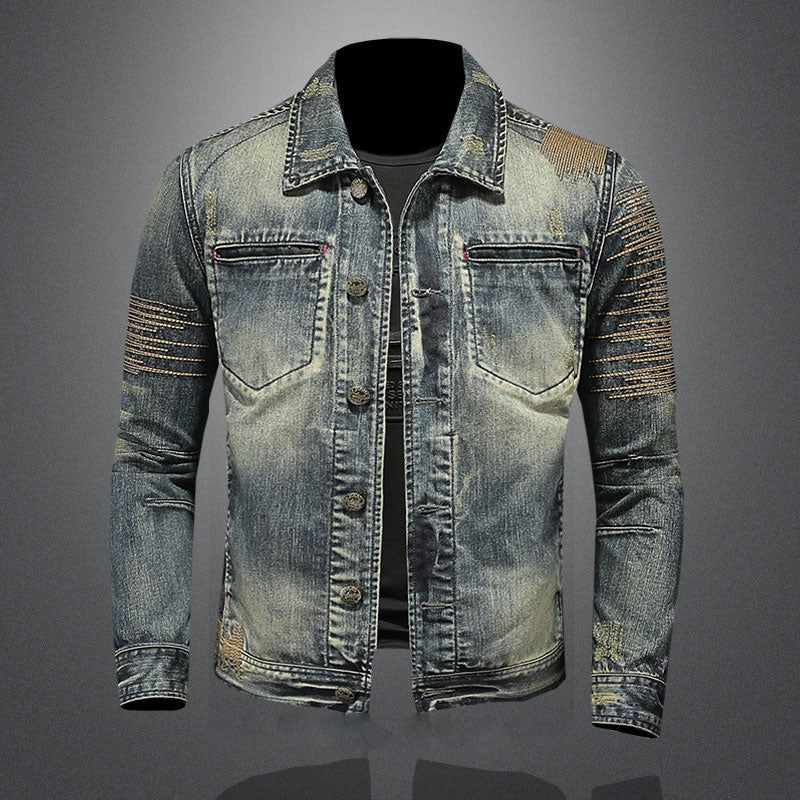 Retro Jeans Jas Heren Denim Jas Herfst Bomber Motorcycle Casual Revers Lange Mouw Borduren Slanke Kleding - Spijkerbroekblauw