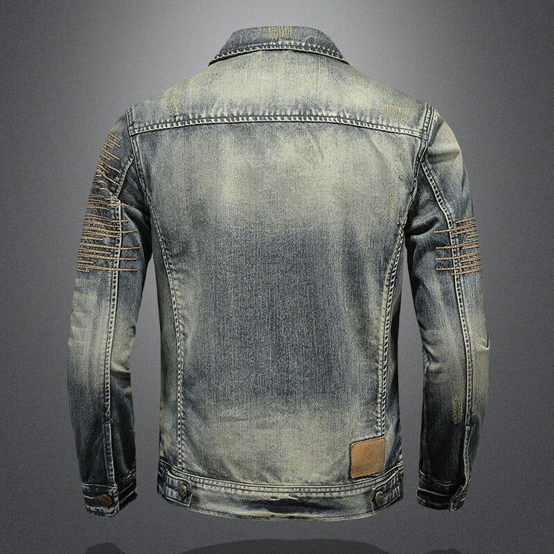 Retro Jeans Jas Heren Denim Jas Herfst Bomber Motorcycle Casual Revers Lange Mouw Borduren Slanke Kleding - Spijkerbroekblauw