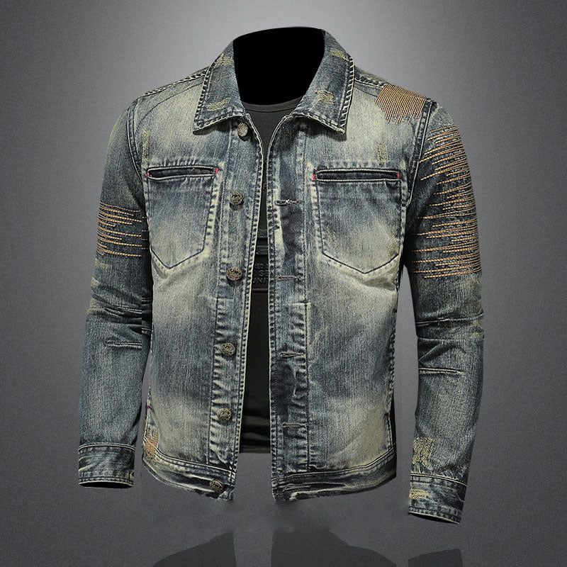 Retro Jeans Jas Heren Denim Jas Herfst Bomber Motorcycle Casual Revers Lange Mouw Borduren Slanke Kleding - Spijkerbroekblauw