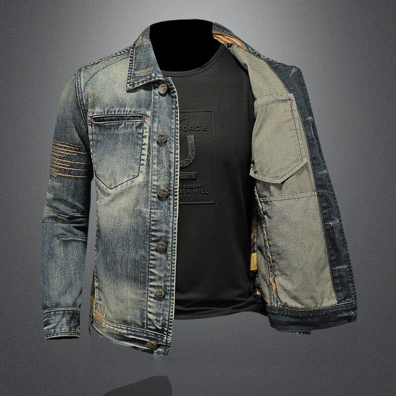 Retro Jeans Jas Heren Denim Jas Herfst Bomber Motorcycle Casual Revers Lange Mouw Borduren Slanke Kleding - Spijkerbroekblauw