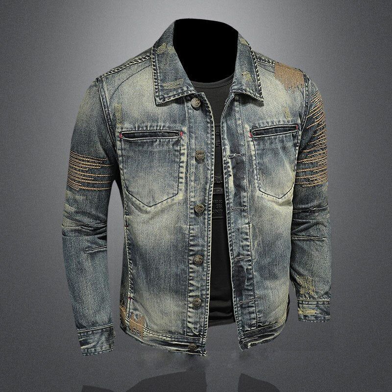 Retro Jeans Jas Heren Denim Jas Herfst Bomber Motorcycle Casual Revers Lange Mouw Borduren Slanke Kleding - Spijkerbroekblauw