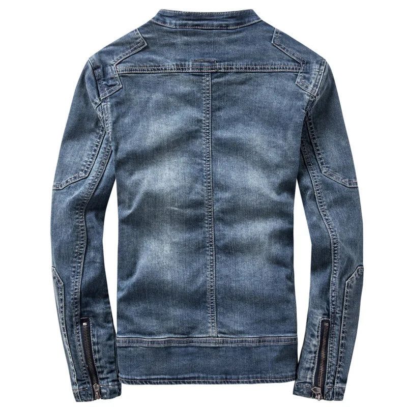 Retro Knappe Heren Europa En De Verenigde Staten Boutique Slim Jeansjack Staande Kraag Denim Jack - Blauw