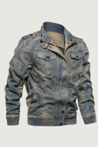 Vintage Klassieke Denim Jas Herfst Winter Stand Kraag Gewassen Leger Militaire Tactische Bommenwerper Jassen