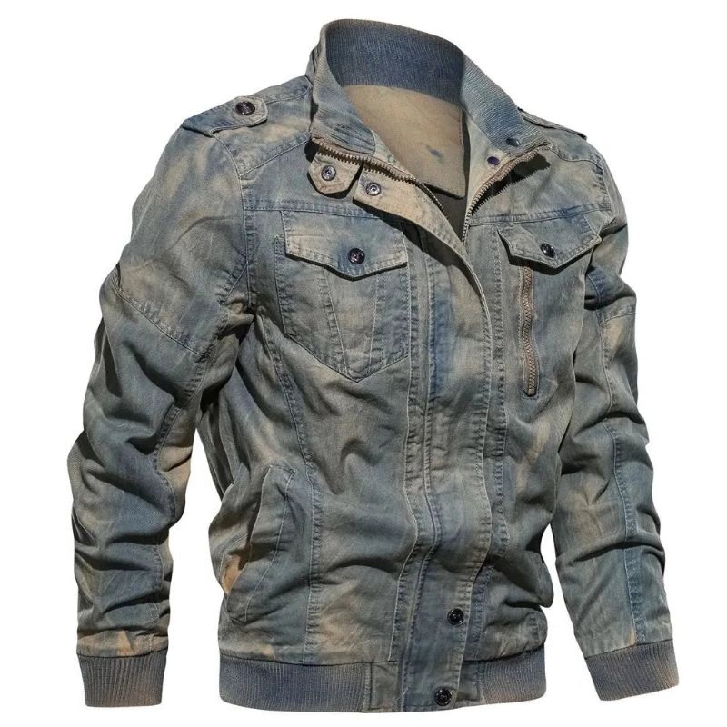 Vintage Klassieke Denim Jas Herfst Winter Stand Kraag Gewassen Leger Militaire Tactische Bommenwerper Jassen - Blauw