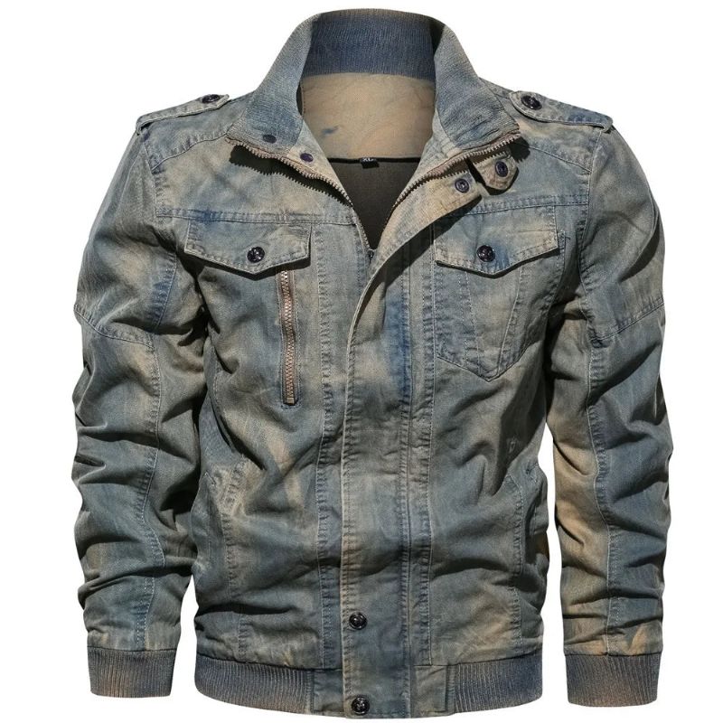 Vintage Klassieke Denim Jas Herfst Winter Stand Kraag Gewassen Leger Militaire Tactische Bommenwerper Jassen - Blauw