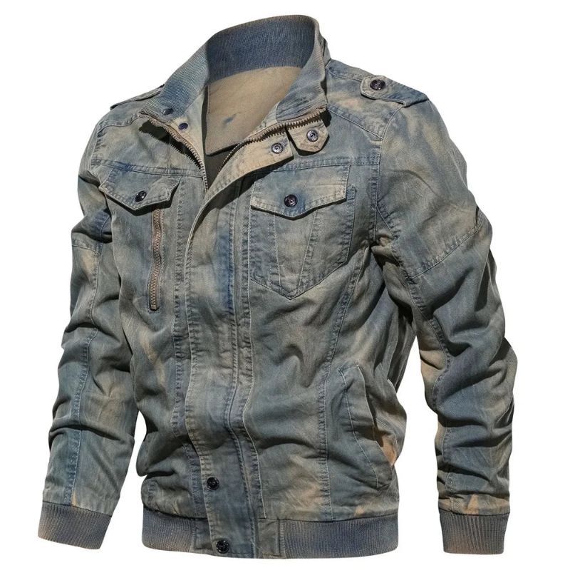 Vintage Klassieke Denim Jas Herfst Winter Stand Kraag Gewassen Leger Militaire Tactische Bommenwerper Jassen - Blauw