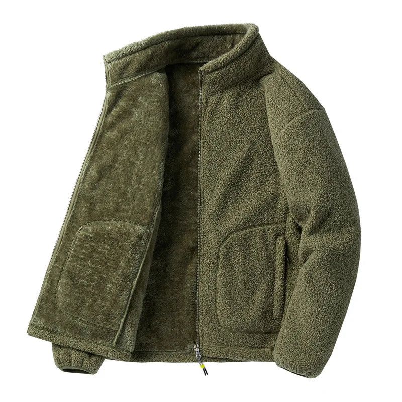 Winter Fleece Jassen Heren Effen Losse Casual Warme Jas Stand Kraag Bovenkleding Jas Streetwear - Zwart