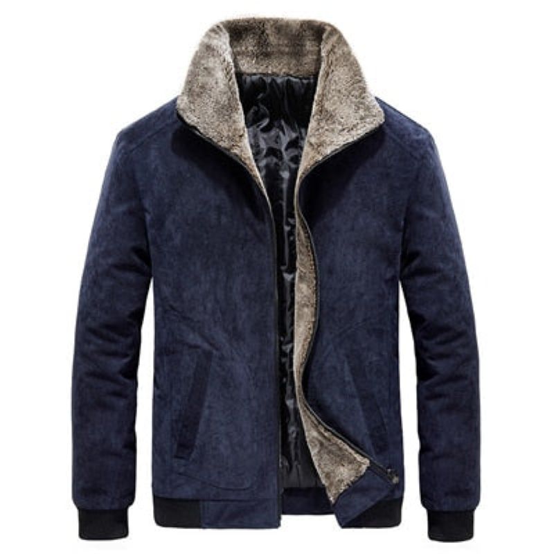 Winter Heren Bomberjacks Casual Mannelijke Bontkraag Windjack Fleece Warme Slanke Corduroy Jassen Kleding - Blauw