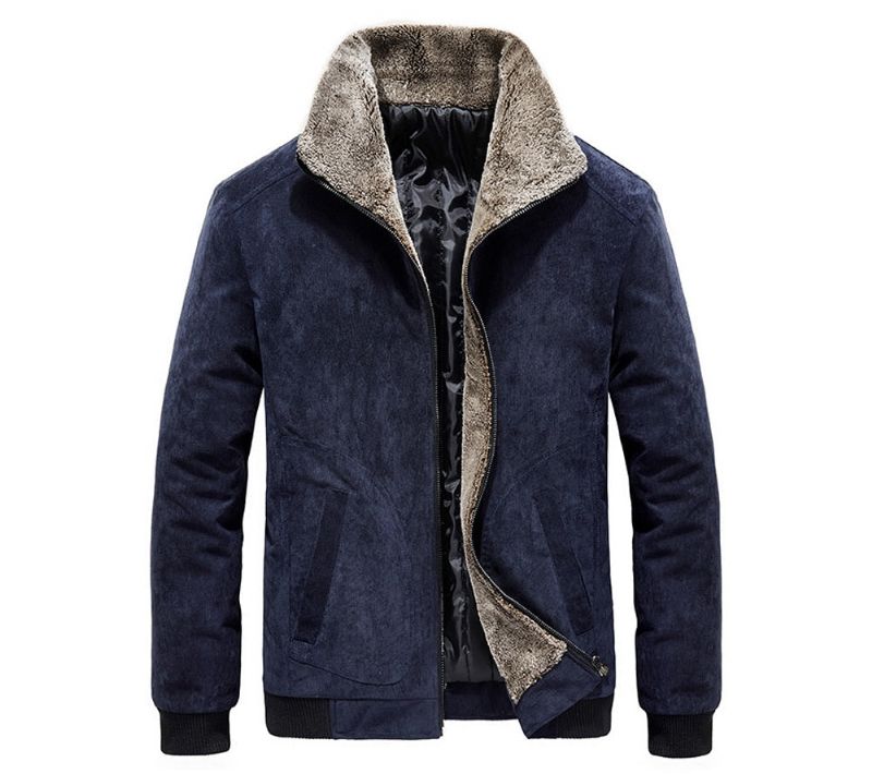 Winter Heren Bomberjacks Casual Mannelijke Bontkraag Windjack Fleece Warme Slanke Corduroy Jassen Kleding - Blauw