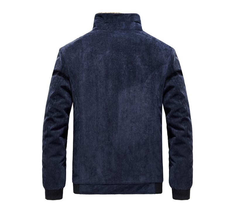 Winter Heren Bomberjacks Casual Mannelijke Bontkraag Windjack Fleece Warme Slanke Corduroy Jassen Kleding - Blauw