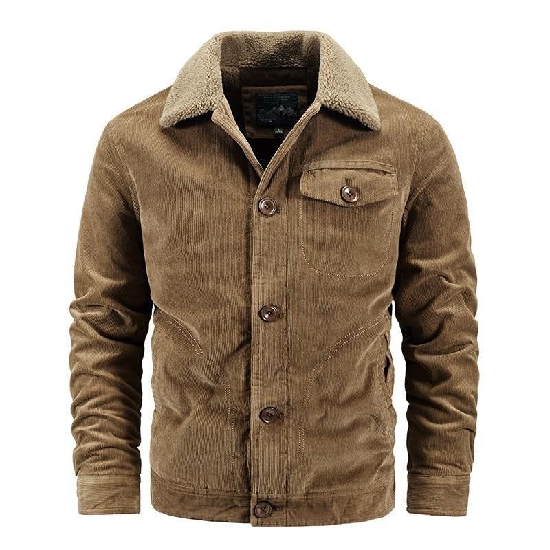 Winter Heren Corduroy Jassen Casual Mannelijke Uitloper Dik Fluwelen Windjack Fleece Warme Kleding - Kaki