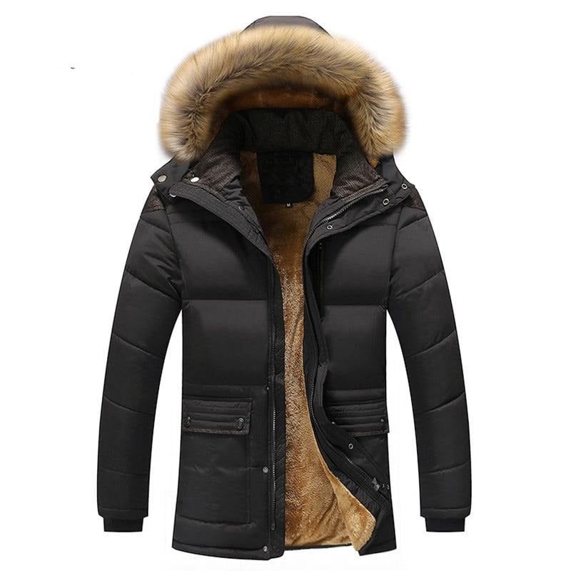 Winter Heren Jas Casual Faux Bontkraag Katoen Thermische Parka's Man Fleece Warm Windjack Hoodies Jassen - Koffie