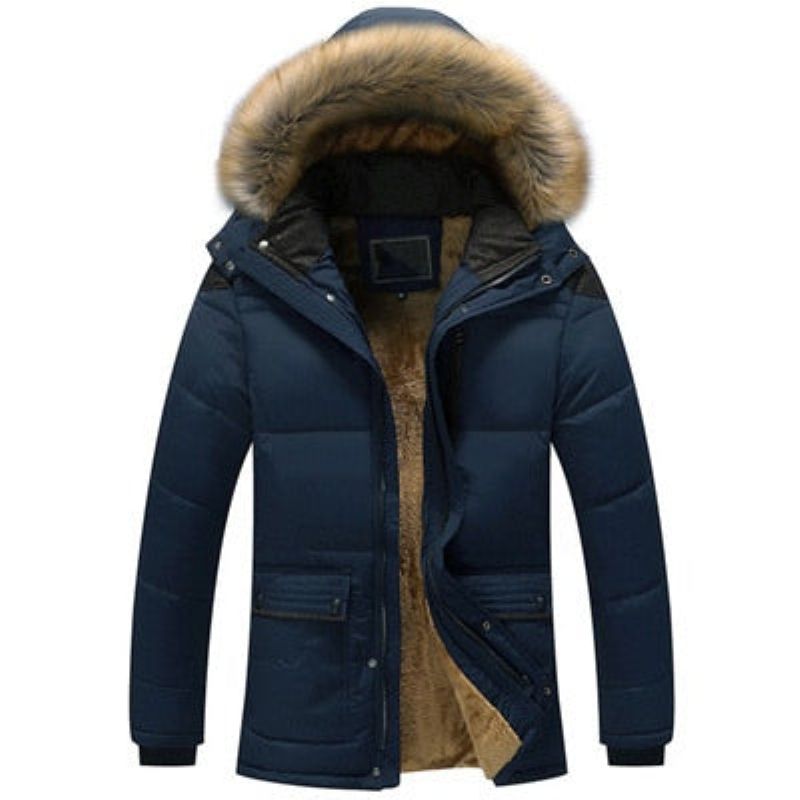 Winter Heren Jas Casual Faux Bontkraag Katoen Thermische Parka's Man Fleece Warm Windjack Hoodies Jassen - Koffie