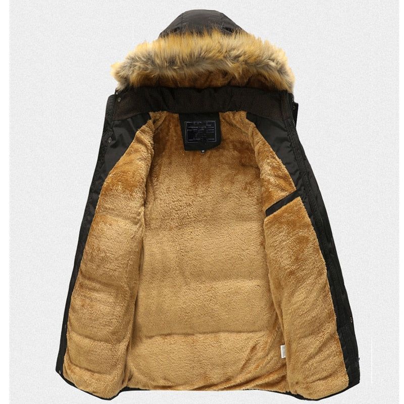 Winter Heren Jas Casual Faux Bontkraag Katoen Thermische Parka's Man Fleece Warm Windjack Hoodies Jassen - Koffie