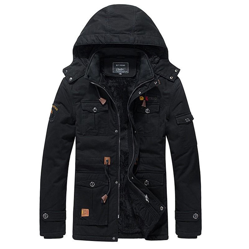 Winter Militaire Thermische Jas Heren Casual Dikke Warme Leger Piloot Parka's Jassen Multi-pocket Uitloper Fleece Bomberkleding Met Capuchon - Zwart