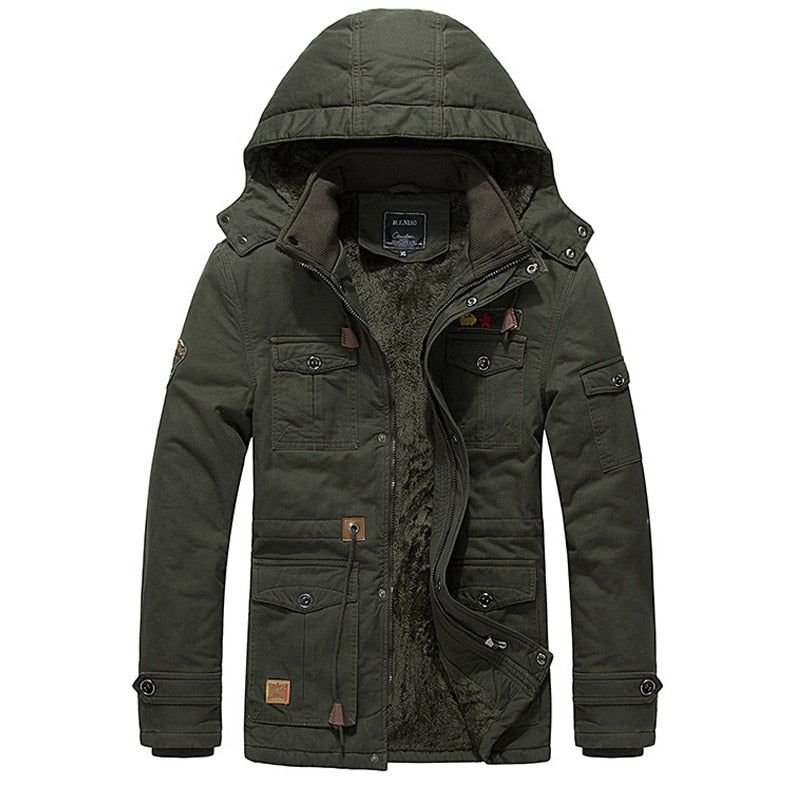 Winter Militaire Thermische Jas Heren Casual Dikke Warme Leger Piloot Parka's Jassen Multi-pocket Uitloper Fleece Bomberkleding Met Capuchon - Zwart