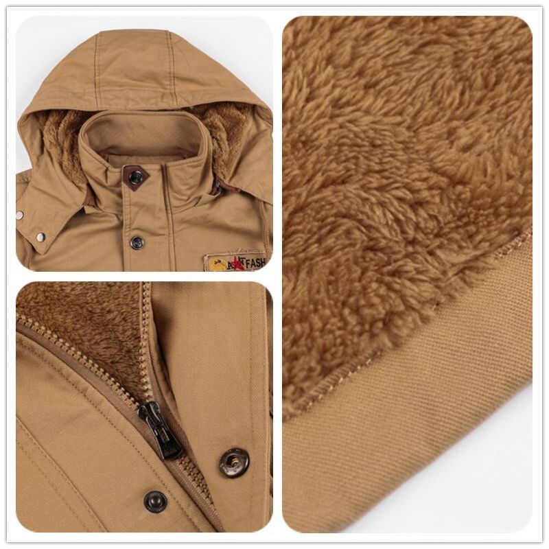 Winter Militaire Thermische Jas Heren Casual Dikke Warme Leger Piloot Parka's Jassen Multi-pocket Uitloper Fleece Bomberkleding Met Capuchon - Zwart