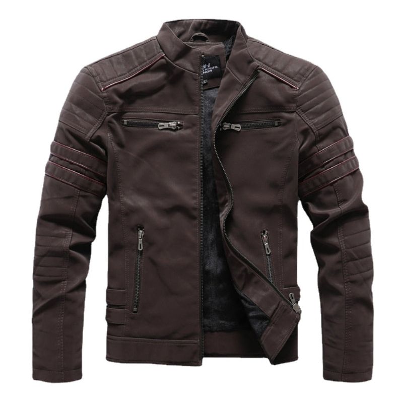 Winter Motorfiets Leren Jas Heren Vintage Fleece Warme Multi-pocket Jas Mannelijke Rits Herfst Uitloper Jassen - Zwart01