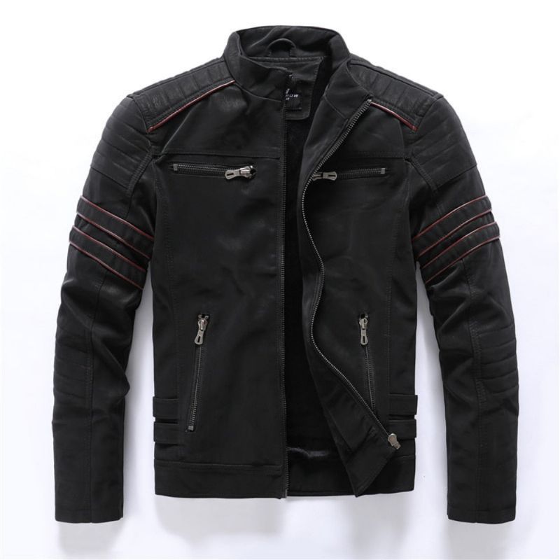 Winter Motorfiets Leren Jas Heren Vintage Fleece Warme Multi-pocket Jas Mannelijke Rits Herfst Uitloper Jassen - Zwart01