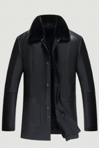 Winter Zwart Fleece Leren Jas Heren Parka Jas Overjas Plus Fluwelen Warme Lange Sectie Casual Windjack Uitloper Kleding