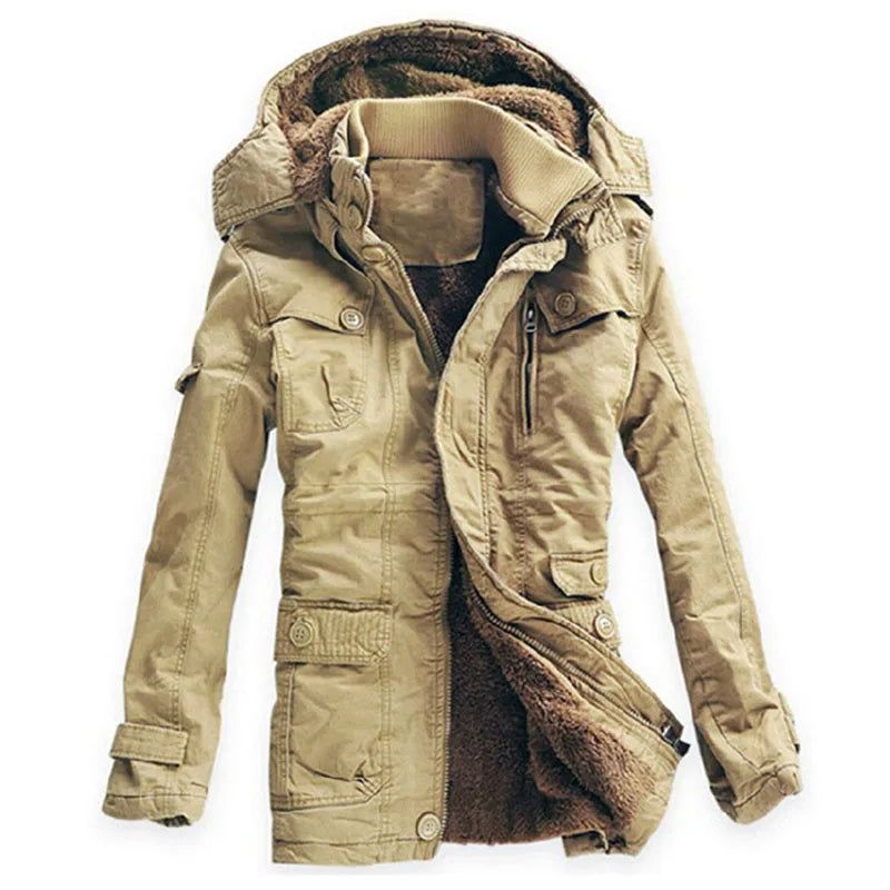 Winterjas Heren Casual Dik Fluwelen Warme Jassen Parka's Katoenen Windjack Leger Capuchon Lange Trenchcoat - Kaki