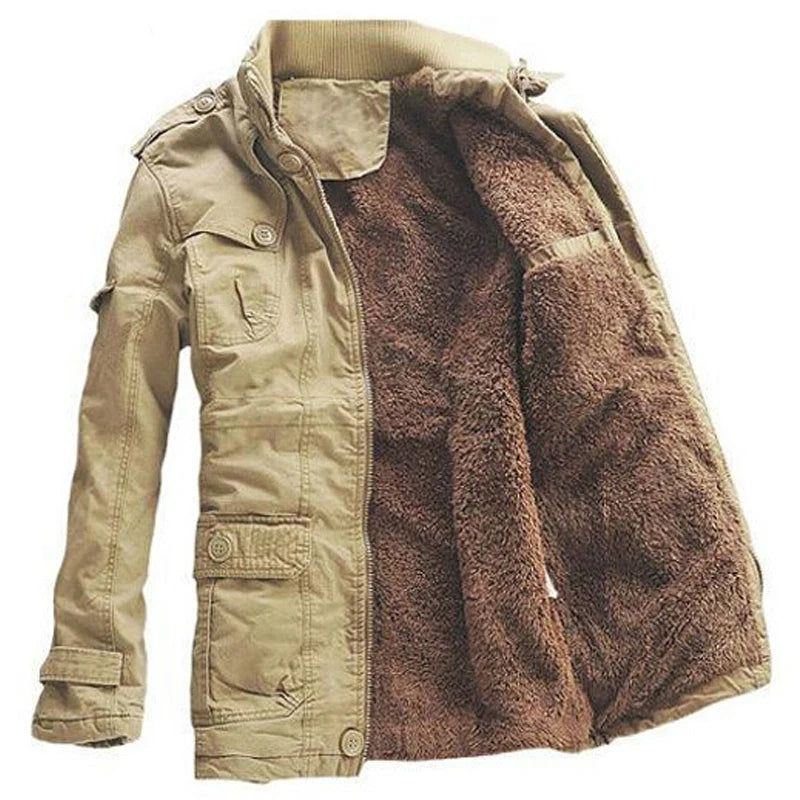 Winterjas Heren Casual Dik Fluwelen Warme Jassen Parka's Katoenen Windjack Leger Capuchon Lange Trenchcoat - Kaki