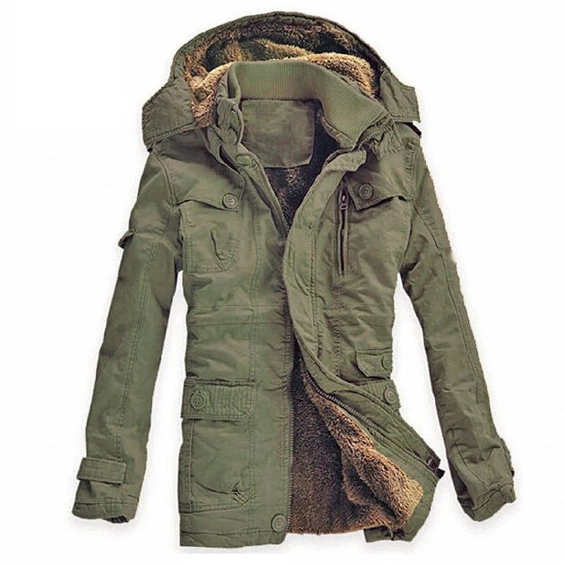 Winterjas Heren Casual Dik Fluwelen Warme Jassen Parka's Katoenen Windjack Leger Capuchon Lange Trenchcoat - Kaki