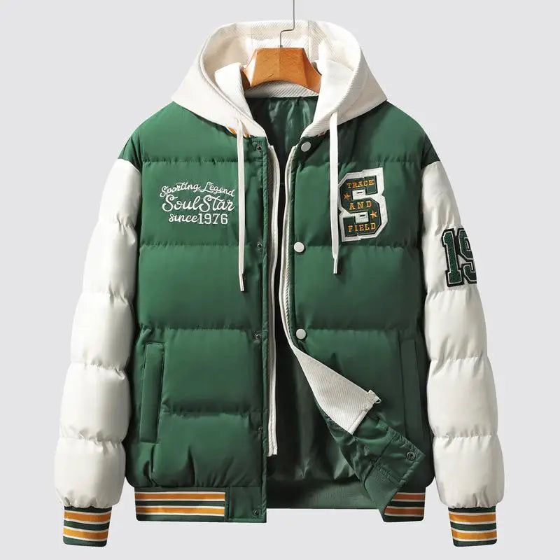 Winterwarm Met Katoen Gewatteerd Varsity-jack Verdikt American Street-katoenen Jack Met Capuchon Heren - Zwart