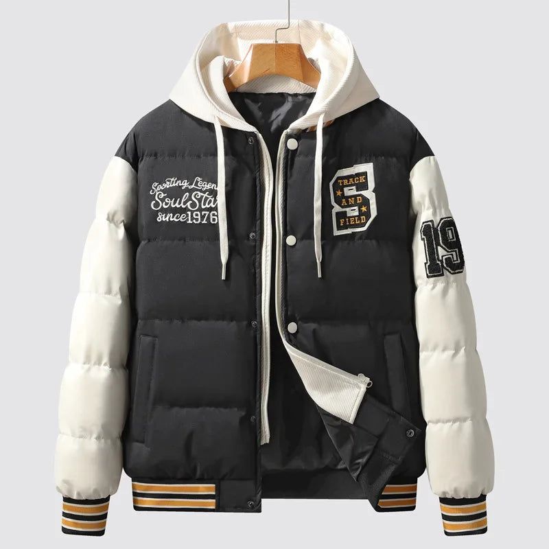 Winterwarm Met Katoen Gewatteerd Varsity-jack Verdikt American Street-katoenen Jack Met Capuchon Heren - Zwart